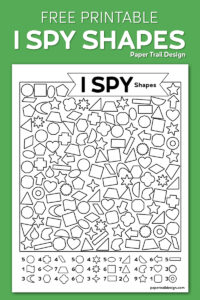Printable I spy activity page with geometric shapes on a green background with text overlay- free printable I spy shapes
