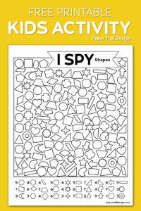 Printable I spy activity page with geometric shapes on a yellow background with text overlay- free printable kids activity