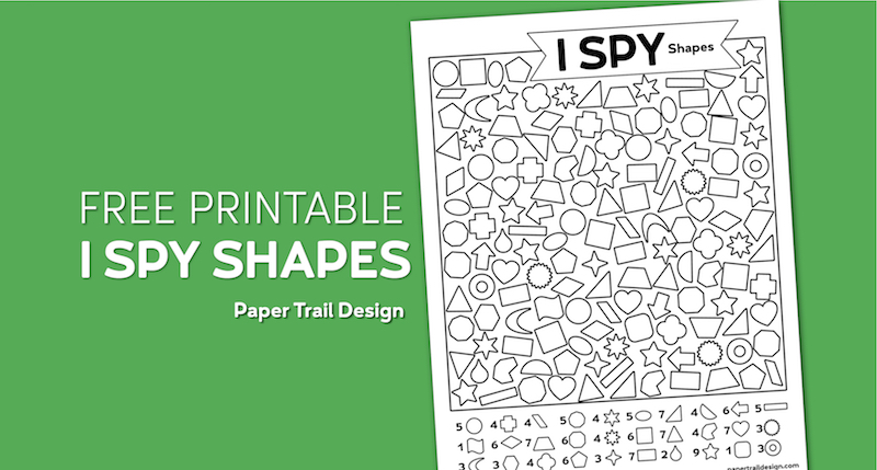 Printable I spy activity page with geometric shapes on a green background with text overlay- free printable I spy shapes