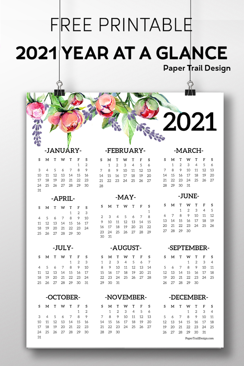 Free Printable 2021 One Page Floral Calendar | Paper Trail ...