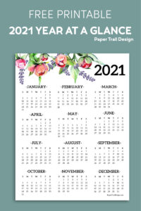 2021 one page calendar with floral elements on blue background with text overlay- free printable 2021 year at a glance