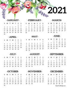 2021 one page calendar from January to December with floral elements