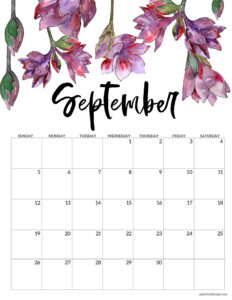 September 2021 calendar page with purple flowers