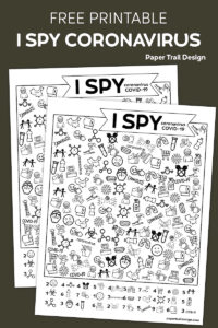 I spy activity with a coronavirus COVID-19 theme on brown background with text overlay- free printable I spy coronavirus