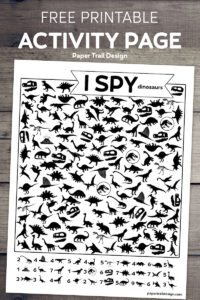 Dinosaur I spy activity with dinosaur silhouettes with text overlay free printable activity page