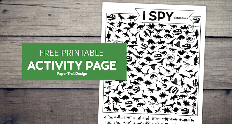 Dinosaur I spy activity with dinosaur silhouettes with text overlay free printable activity page