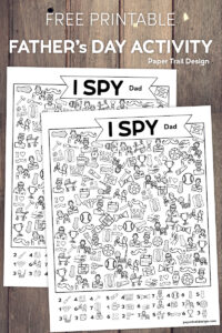 Two I spy father's day themed activity pages on wooe background with text overlay- free printable Father's Day activity