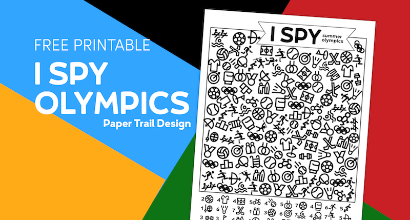 I spy olympics themed activity page on multicolored background with text overlay- free printable I spy olympics