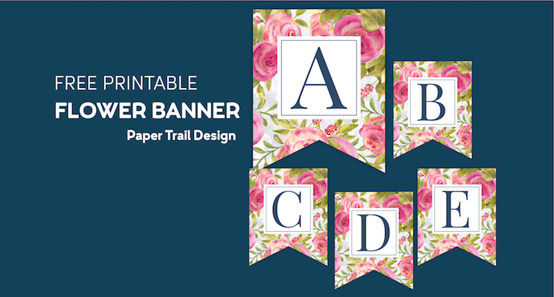 Pink floral banner flags with letters A, B, C, D, and E on a blue background with text overlay- free printable flower banner