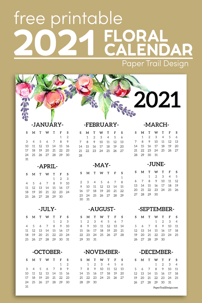 Free Printable 2021 One Page Floral Calendar Paper Trail Design