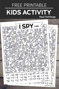 I spy cats activity pages on wood background with text overlay free prinable kids activity