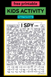 I spy cats activity page on black background with neon text boxes with text overlay-free printable kids activity