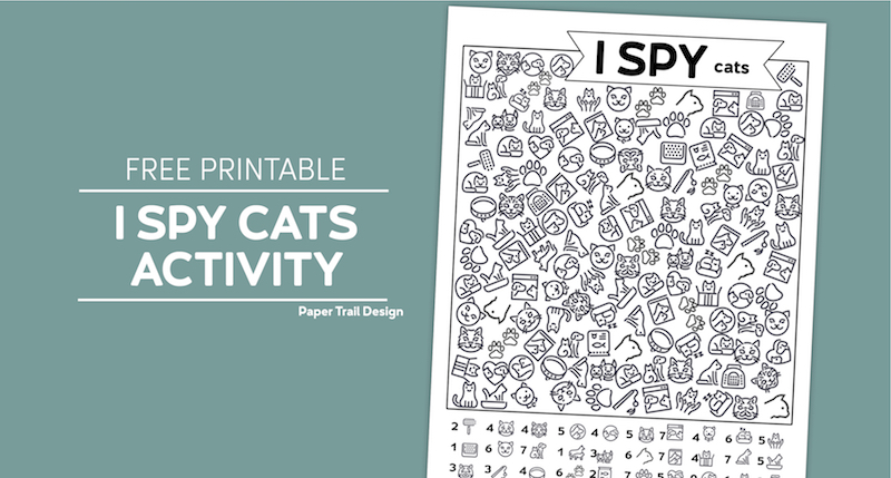 Cat themed I spy activity page on a turquoise background with text overlay- free printable I spy cats activity