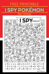 Pokémon themed I spy activity page on a red background with text overlay- free printable I spy pokémon