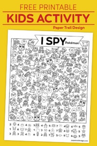 Pokémon themed I spy activity on yellow background with text overlay- free printable kids activity