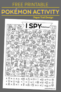 Pokémon themed I spy activity page on grey background with text overlay- free printable Pokémon activity