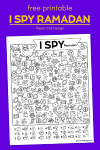 I spy Ramadan and Eid al-Fitr themed activity on a purple background with text overlay- free printable I Spy Ramadan