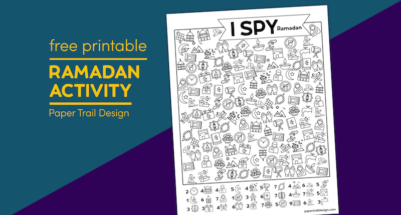 I spy Ramadan activity on purple and blue background with text overlay- free printable Ramadan activity