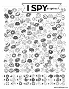 I spy doughnut themed activity page with various doughnuts to find on the page