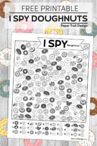 I spy donut themed activity page on a wood with doughnuts background with text overlay- free printable I spy doughnuts