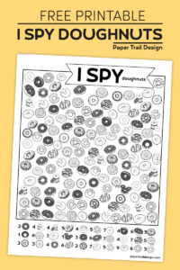 Doughnuts I spy activity page on a yellow background with text overlay- I spy doughnuts