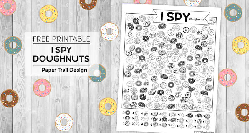 I spy donut themed activity page on a wood with doughnuts background with text overlay- free printable I spy doughnuts