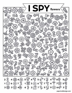 Flower themed I spy activity page with various black and white pictures of flowers scattered throught the page. 