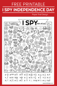 I spy 4th of July themed page on a red background with text overlay- free printable I spy Independence Day