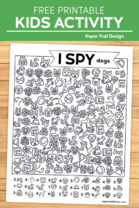 I spy dogs activity page on wood background with text overlay- free printable kids activity