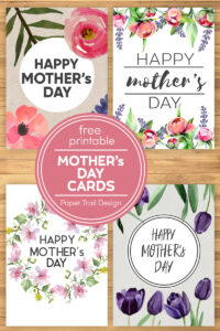 Four Mother's Day cards with floral decoration on wood background with text overlay- free printable Mother's Day cards