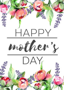 Mother's Day card with pink peonies and purple lavendar at the top and bottom with text- Happy Mother's Day