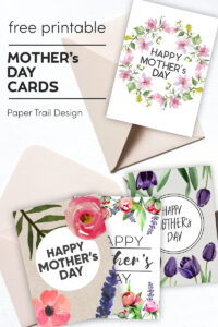 Mother's Day cards with floral elements with brown envelopes with text overlay- free printable Mother's Day cards