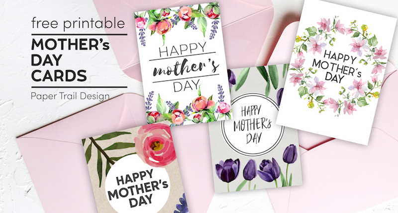 Mother's Day cards with floral elements with pink envelopes with text overlay- free printable Mother's Day cards