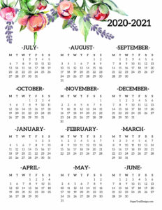 2020-2021 Monday start school year wall calendar with flowers