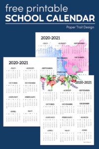 watercolor, floral, and plain calendar on a blue background with text overlay- free printable school calendar