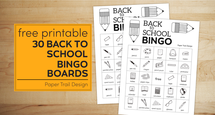 Two back to school bingo boards on a wood background with text overlay- free printable 30 back to school bingo boards