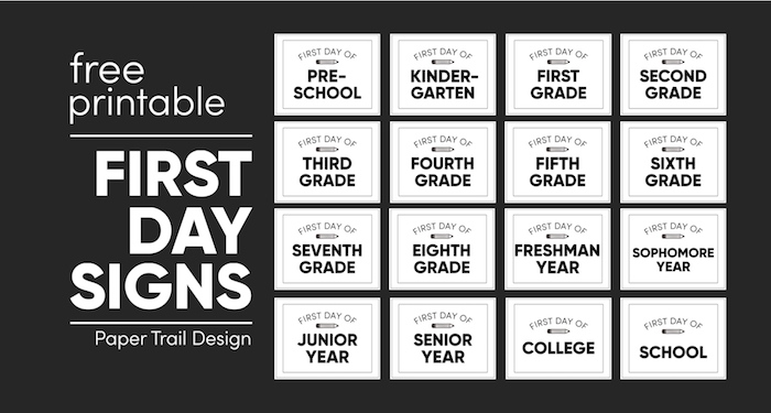 Collection of back to school signs for each grade on a black background with text overlay- free printable first day signs