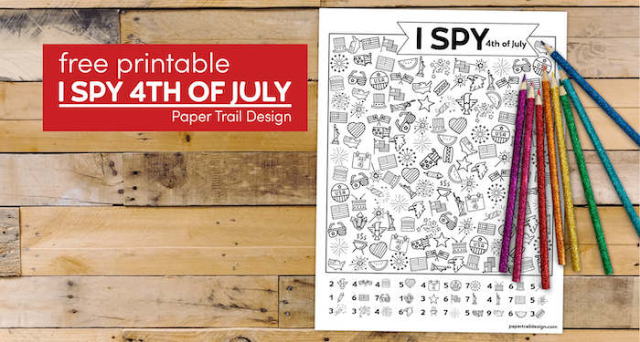 I spy activity page with 4th of july theme with colored pencils with text overlay- free printable I spy 4th of July