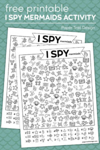 Mermaid themed I spy page ongreen and blue mermaid scales background with text overlay - free printable mermaids activity