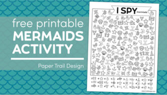 Mermaid themed I spy page ongreen and blue mermaid scales background with text overlay - free printable mermaids activity
