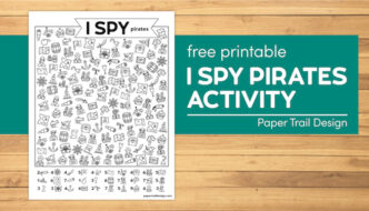 Pirate themed I spy kids activity page on a wood background with text overlay- free printable I Spy Pirates activity