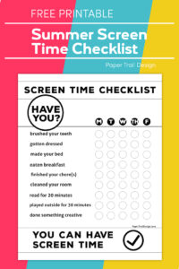 screen time checklist on pink, yellow, and orange background with text overlay- free printable screen time checklist