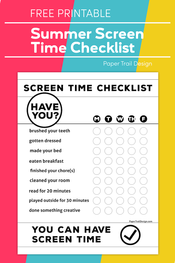 Free Printable Kids Screen Time Checklist Paper Trail Design