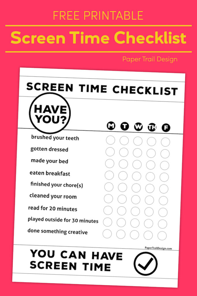 Free Printable Kids Screen Time Checklist - Paper Trail Design