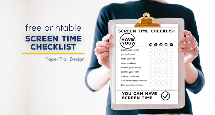 Woman holding clipboard with screen time checklist attached with text overlay- free printable screen time checklist