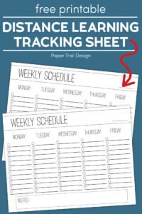 Two weekly checklist schedule page on a blue background with text overlay- free printable distance learning tracking sheet