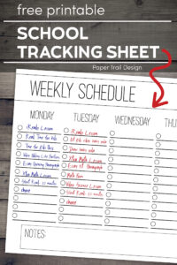 Weekly checklist schedule page on a wood background with text overlay- free printable school tracking sheet