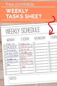 Weekly checklist schedule page on a wood background with text overlay- free printable weekly tasks sheet