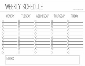 Weekly schedule checklist with spaces to write in to-do items and notes