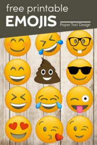 Various emojis including smily emoji and poop emoji with text overlay- free printable emojis